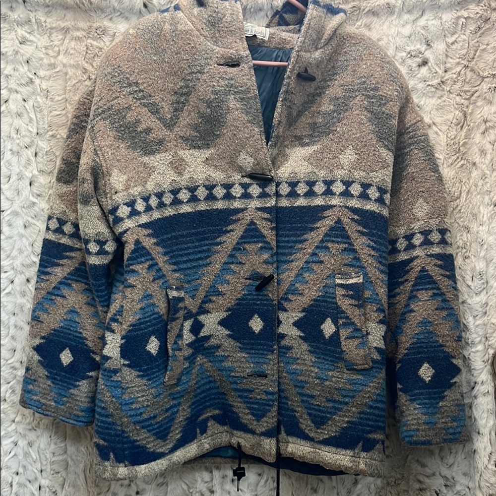 Christopher & Banks Blue and Tan Aztec Hooded Coat